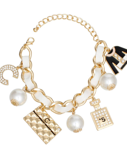 Bracelet White Woven Gold C No 5 Charms Women