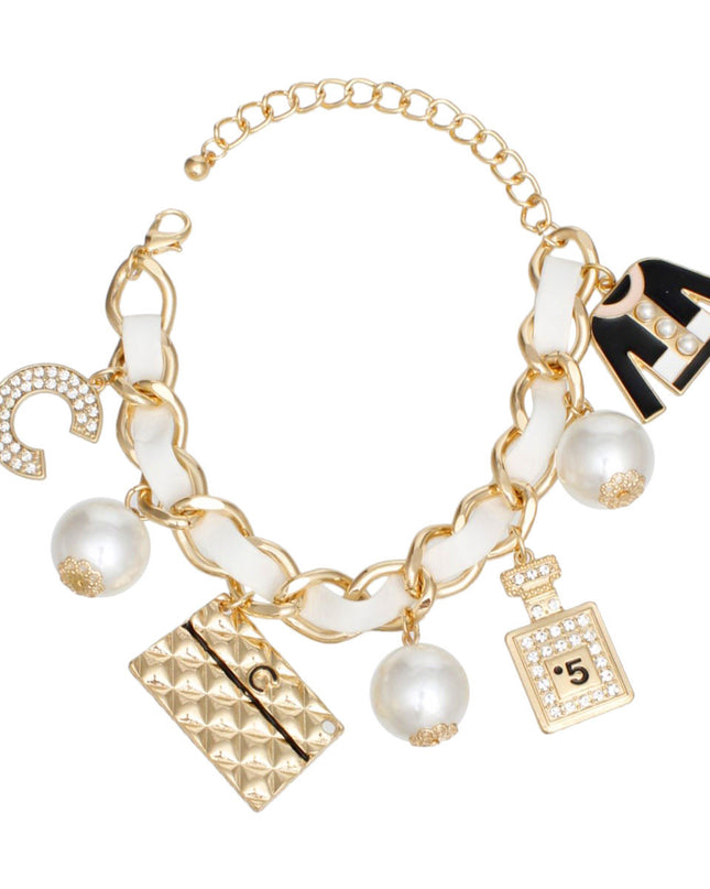 Bracelet White Woven Gold C No 5 Charms Women