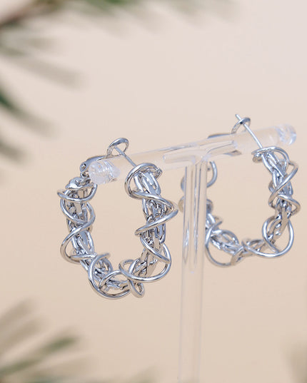 Women's White Gold Hoop Earrings. 14K White Gold Dipped Hypoallergenic Brass Wire Wrapped Chain Design Hoop Earrings. Omega Hoop Closure. 3.58 cm / 1.25 inches Diameter.