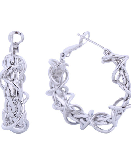 Women's White Gold Hoop Earrings. 14K White Gold Dipped Hypoallergenic Brass Wire Wrapped Chain Design Hoop Earrings. Omega Hoop Closure. 3.58 cm / 1.25 inches Diameter.