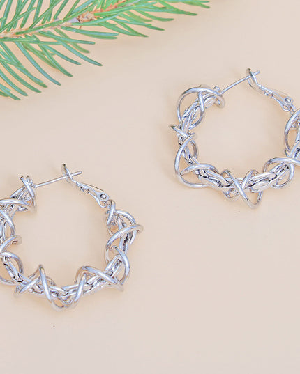 Women's White Gold Hoop Earrings. 14K White Gold Dipped Hypoallergenic Brass Wire Wrapped Chain Design Hoop Earrings. Omega Hoop Closure. 3.58 cm / 1.25 inches Diameter.