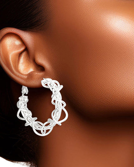 Women's White Gold Hoop Earrings. 14K White Gold Dipped Hypoallergenic Brass Wire Wrapped Chain Design Hoop Earrings. Omega Hoop Closure. 3.58 cm / 1.25 inches Diameter.