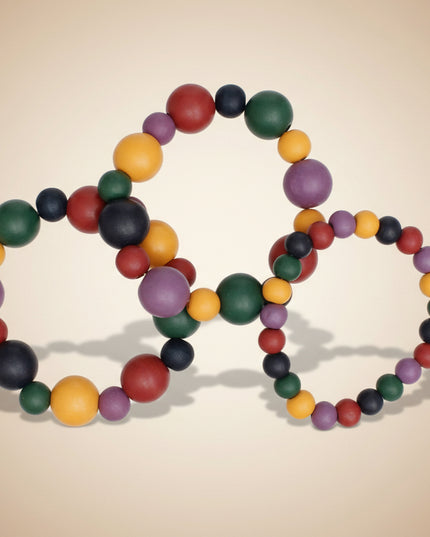 Women's Wood Bead Bracelet Set. Tribal and Earthy Bold Dark Multicolor Wooden Ball Bead 3 Pcs Stretch Bracelet Set Featuring One Strand of Small Wood Beads and 2 Strands of Alternating Large and Medium Wood Beads. 