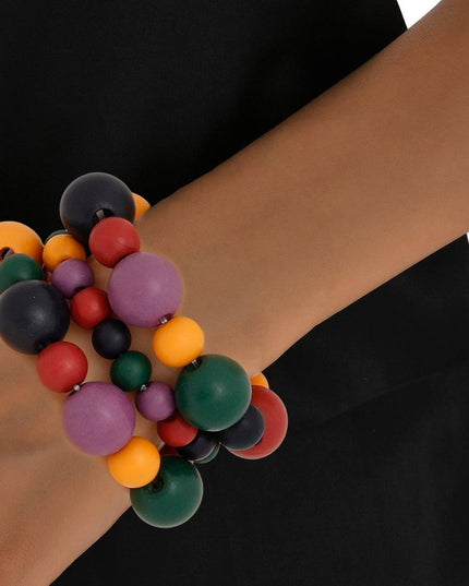 Women's Wood Bead Bracelet Set. Tribal and Earthy Bold Dark Multicolor Wooden Ball Bead 3 Pcs Stretch Bracelet Set Featuring One Strand of Small Wood Beads and 2 Strands of Alternating Large and Medium Wood Beads. 