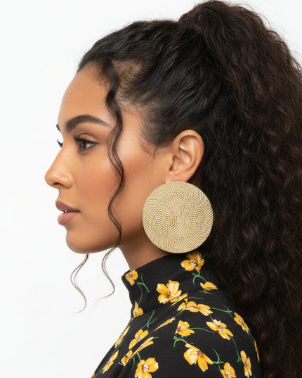 Two round XL Textured Gold Metal Tribal Earrings