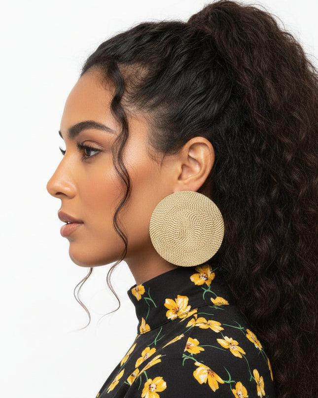 Two round XL Textured Gold Metal Tribal Earrings
