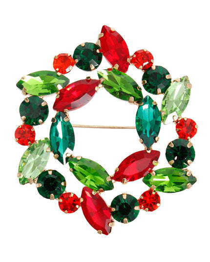 Women's Brooch Pin Featuring Gold Metal Wreath Shaped Design with Christmas Color Red and Green Various Shaped Crystal Rhinestones. Safety Pin C Closure. 2.45 x 2 inches