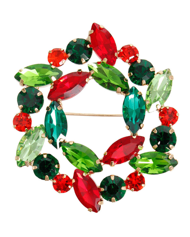 Women's Brooch Pin Featuring Gold Metal Wreath Shaped Design with Christmas Color Red and Green Various Shaped Crystal Rhinestones. Safety Pin C Closure. 2.45 x 2 inches