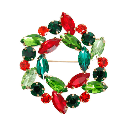 Women's Brooch Pin Featuring Gold Metal Wreath Shaped Design with Christmas Color Red and Green Various Shaped Crystal Rhinestones. Safety Pin C Closure. 2.45 x 2 inches