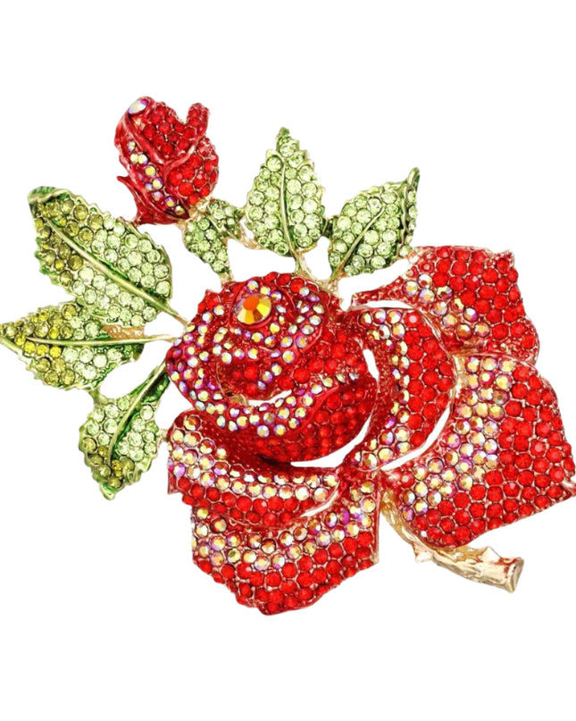 Women's Brooch Pin XLarge Gold Metal Blooming Rose and Leaf Shaped Brooch Featuring Red and Aurora Borealis Rhinestones with Green Leaf Stone Details. Safety Pin C Clasp Closure. Heavy.