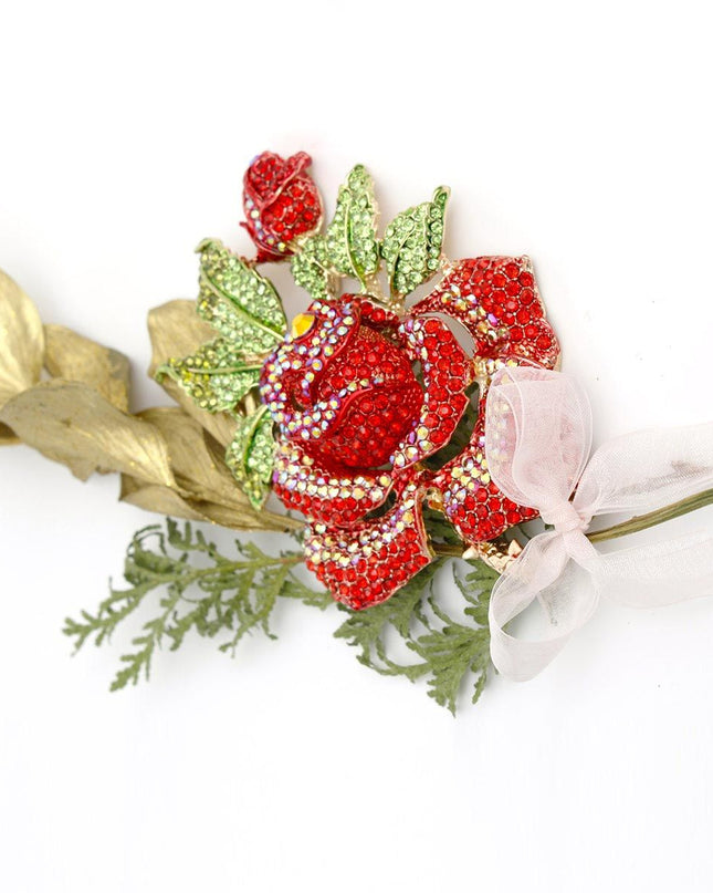 Women's Brooch Pin XLarge Gold Metal Blooming Rose and Leaf Shaped Brooch Featuring Red and Aurora Borealis Rhinestones with Green Leaf Stone Details. Safety Pin C Clasp Closure. Heavy.