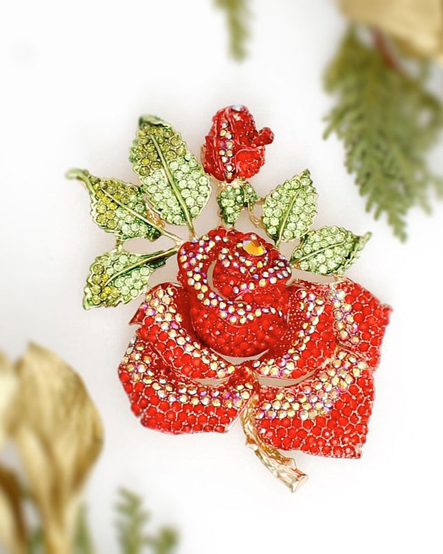 Women's Brooch Pin XLarge Gold Metal Blooming Rose and Leaf Shaped Brooch Featuring Red and Aurora Borealis Rhinestones with Green Leaf Stone Details. Safety Pin C Clasp Closure. Heavy.