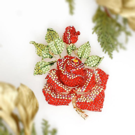 Women's Brooch Pin XLarge Gold Metal Blooming Rose and Leaf Shaped Brooch Featuring Red and Aurora Borealis Rhinestones with Green Leaf Stone Details. Safety Pin C Clasp Closure. Heavy.