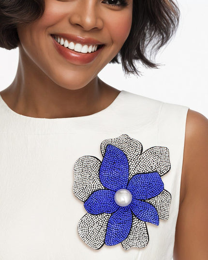 Zeta Phi Beta Sorority Paraphernalia Women's Brooch Pin and Hair Clip. Large Sparkling Sorority Handcrafted Brilliance 3D Royal Blue and Clear Rhinestone Layered Petal Flower Featuring Black Felt Backing and Acrylic Pearl Center. Safety Pin Hook Closure. Also Features Metal Alligator Hair Clip. Can be Worn as Brooch or Hair Clip. Handmade.