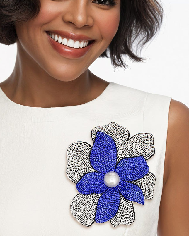 Zeta Phi Beta Sorority Paraphernalia Women's Brooch Pin and Hair Clip. Large Sparkling Sorority Handcrafted Brilliance 3D Royal Blue and Clear Rhinestone Layered Petal Flower Featuring Black Felt Backing and Acrylic Pearl Center. Safety Pin Hook Closure. Also Features Metal Alligator Hair Clip. Can be Worn as Brooch or Hair Clip. Handmade.