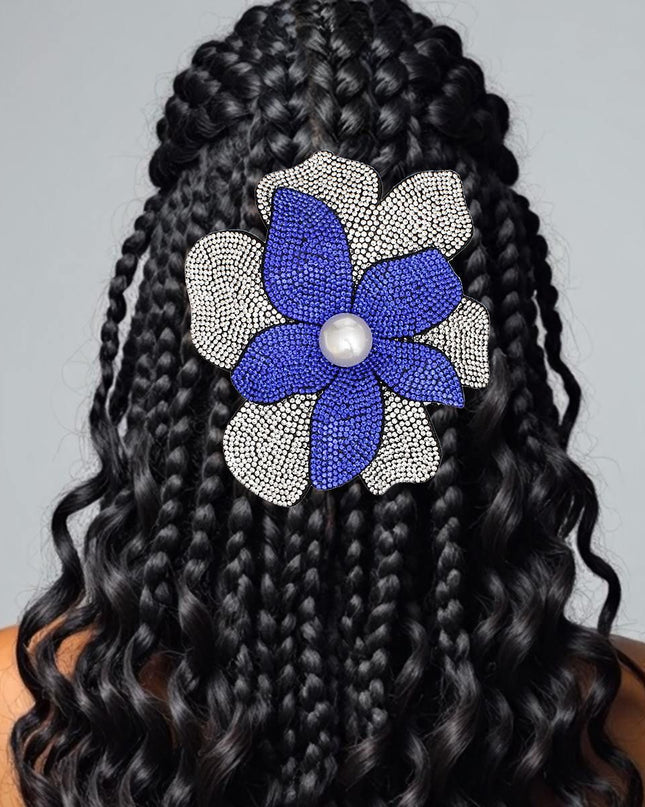 Zeta Phi Beta Sorority Paraphernalia Women's Brooch Pin and Hair Clip. Large Sparkling Sorority Handcrafted Brilliance 3D Royal Blue and Clear Rhinestone Layered Petal Flower Featuring Black Felt Backing and Acrylic Pearl Center. Safety Pin Hook Closure. Also Features Metal Alligator Hair Clip. Can be Worn as Brooch or Hair Clip. Handmade.
