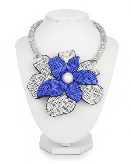 Zeta Phi Beta Sorority Paraphernalia Women's Choker Necklace. Sparkling Sorority Handcrafted Brilliance Thick Rigid Clear Rhinestone Encrusted Tube Choker Necklace Featuring Large Offset 3D Royal Blue and Clear Rhinestone Layered Petals Flower with Acrylic Pearl Center. 