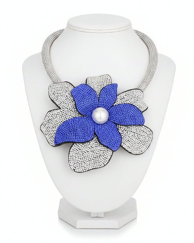 Zeta Phi Beta Sorority Paraphernalia Women's Choker Necklace. Sparkling Sorority Handcrafted Brilliance Thick Rigid Clear Rhinestone Encrusted Tube Choker Necklace Featuring Large Offset 3D Royal Blue and Clear Rhinestone Layered Petals Flower with Acrylic Pearl Center. 