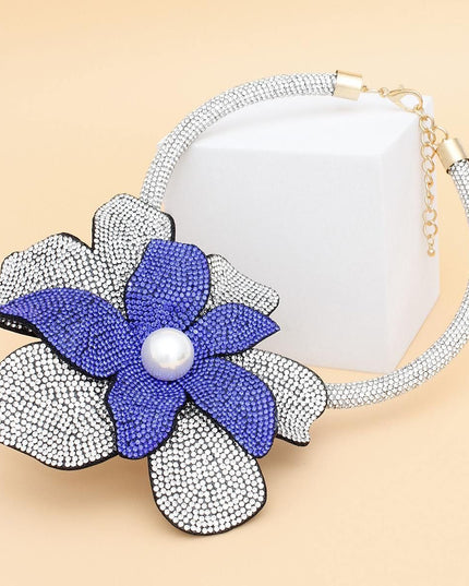 Zeta Phi Beta Sorority Paraphernalia Women's Choker Necklace. Sparkling Sorority Handcrafted Brilliance Thick Rigid Clear Rhinestone Encrusted Tube Choker Necklace Featuring Large Offset 3D Royal Blue and Clear Rhinestone Layered Petals Flower with Acrylic Pearl Center. 
