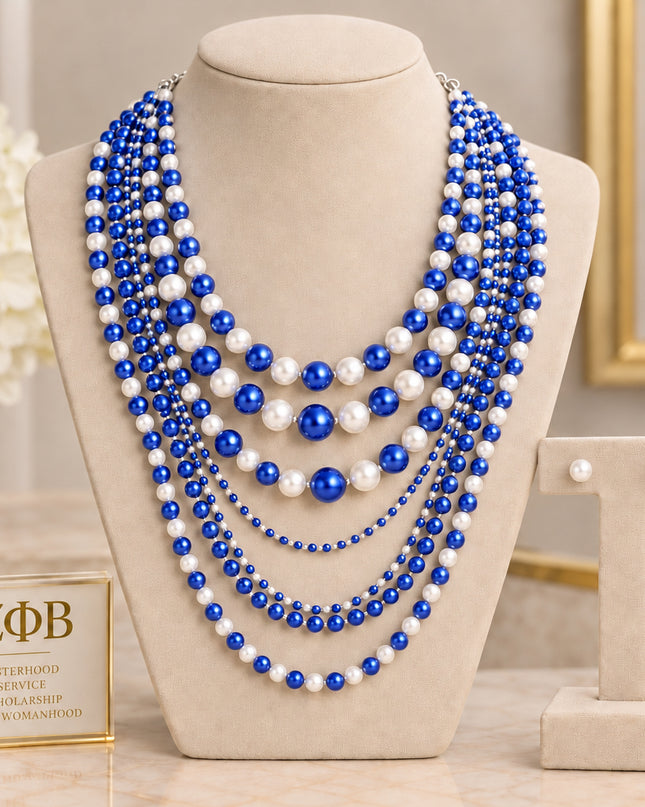 ZPB Sorority Blue White 7 Strand Pearl Necklace