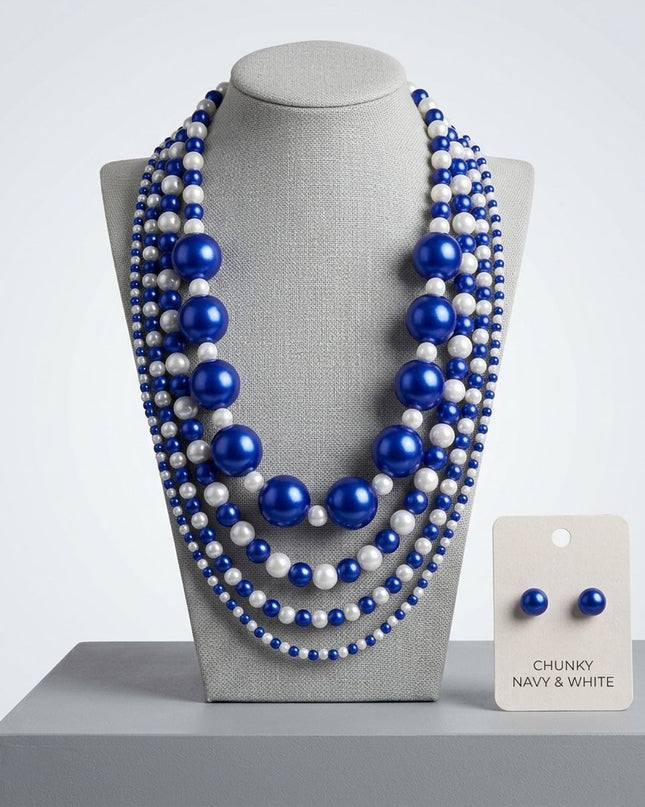 ZPB Sorority Blue White Jumbo Pearl Necklace Set