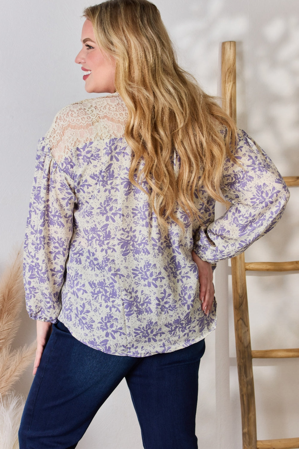 Full Size Lace Detail Printed Blouse