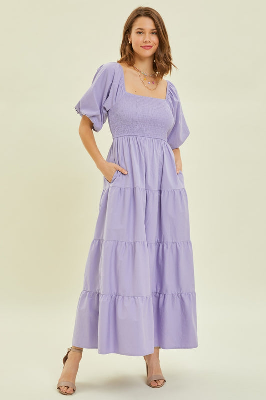 A Puff Sleeve Tiered Ruffled Poplin Dress