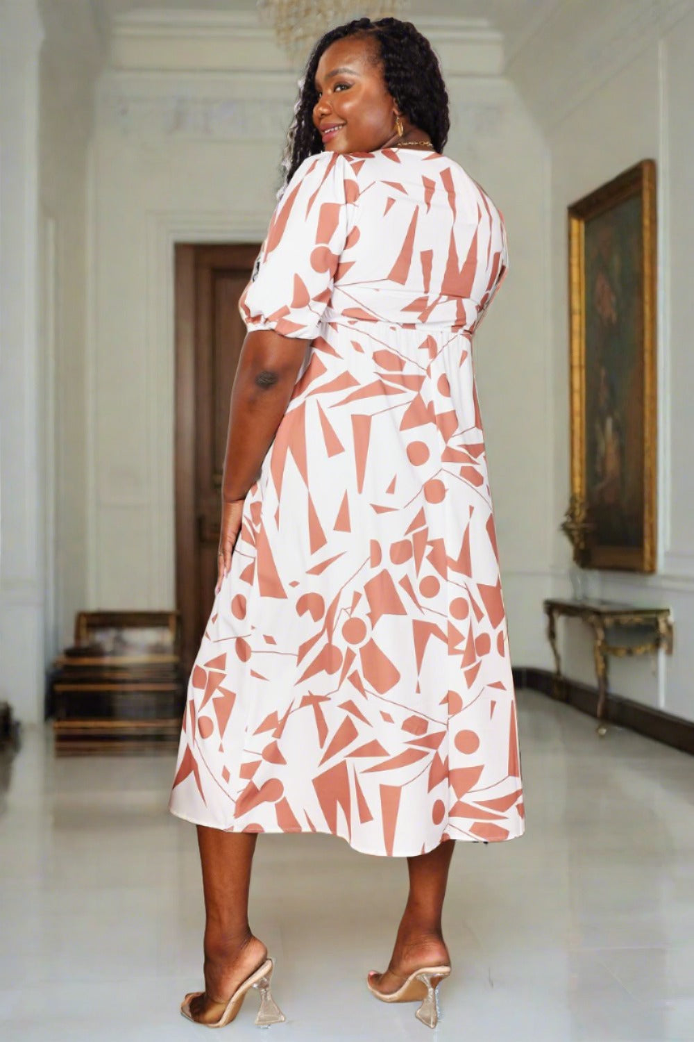 Printed Surplice Balloon Sleeve Dress