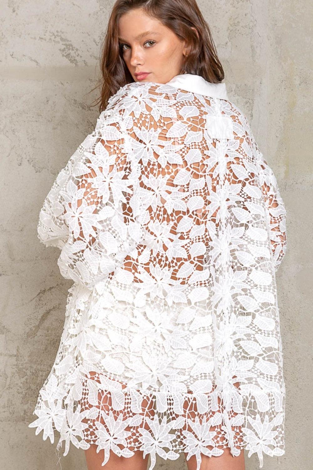 Lace Crochet Balloon Sleeve Button Down Shirt