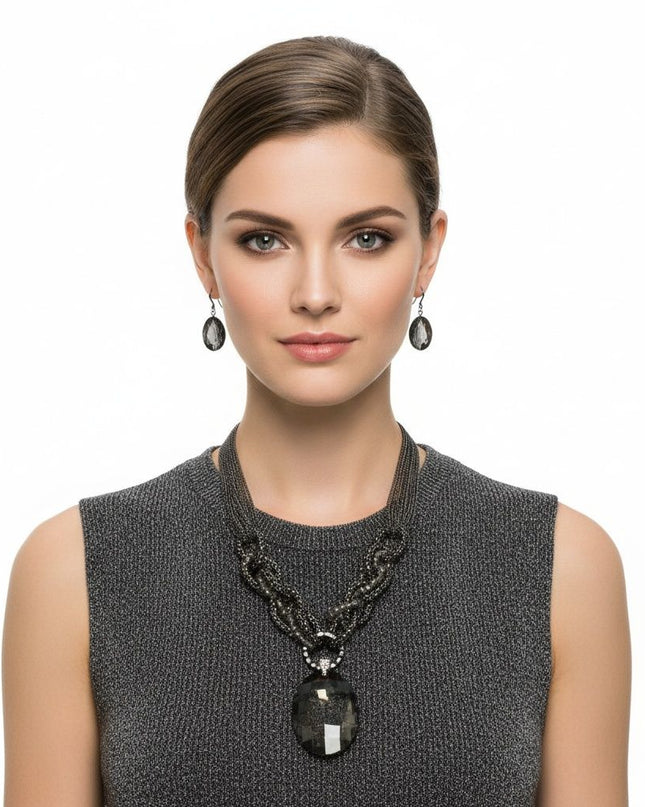 Pendant Black Oval Crystal Hematite Chain Necklace