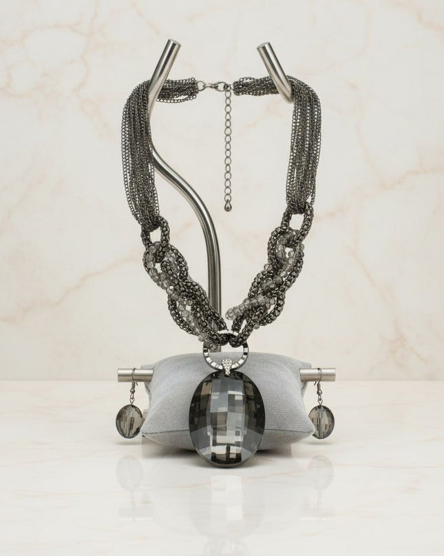 Pendant Black Oval Crystal Hematite Chain Necklace