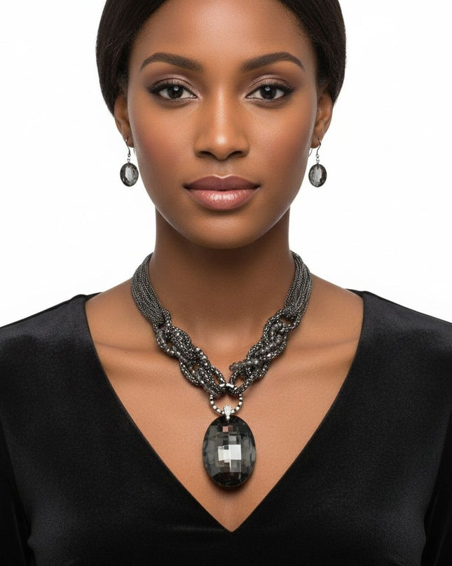 Pendant Black Oval Crystal Hematite Chain Necklace