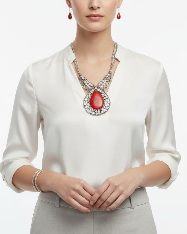 Pendant XL Red Cracked Teardrop Tribal Necklace