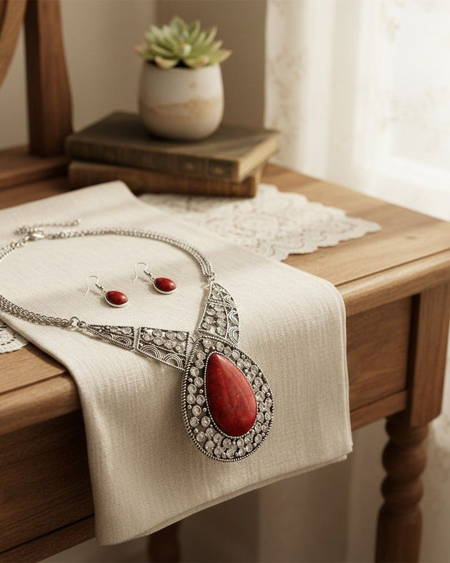 Pendant XL Red Cracked Teardrop Tribal Necklace