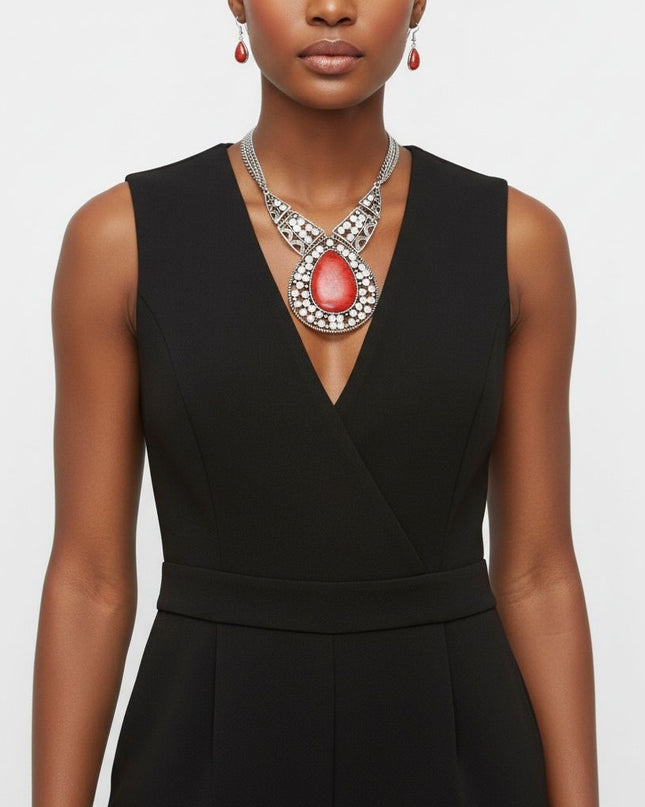 Pendant XL Red Cracked Teardrop Tribal Necklace