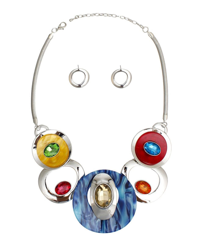 Multi-Color Swirled Silver Bib Necklace