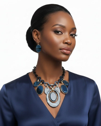 Necklace Blue Glitter Oval Swirled Set for Women