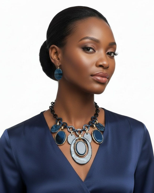 Necklace Blue Glitter Oval Swirled Set for Women