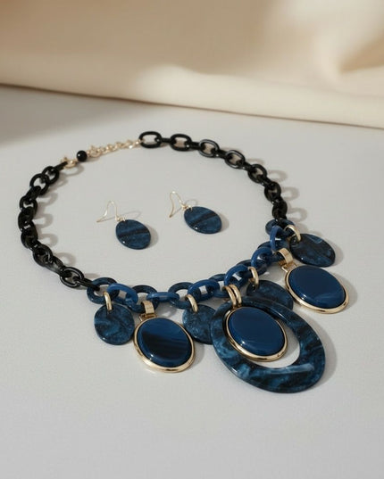 Necklace Blue Glitter Oval Swirled Set for Women