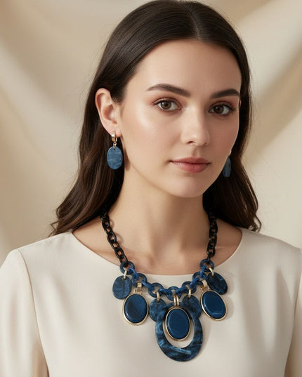 Necklace Blue Glitter Oval Swirled Set for Women