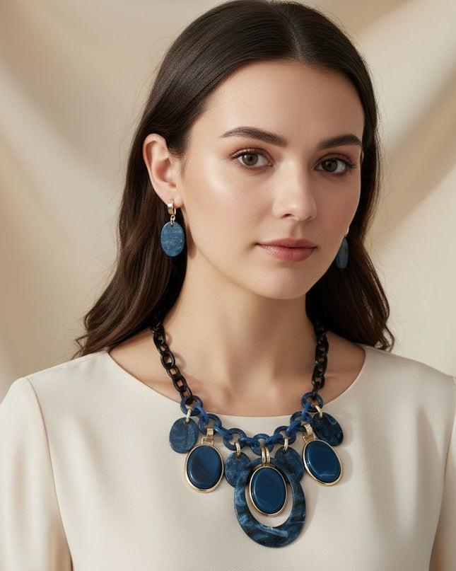 Necklace Blue Glitter Oval Swirled Set for Women