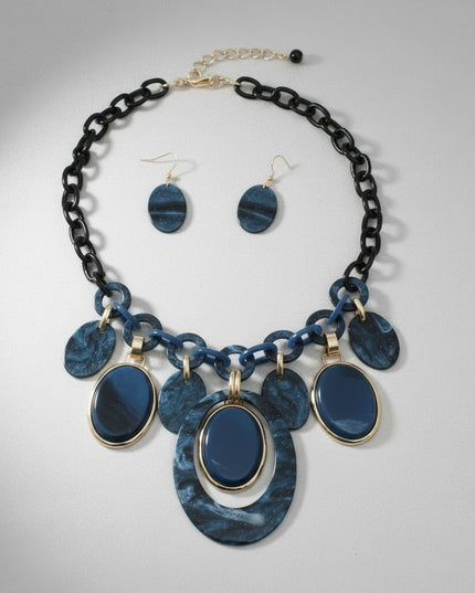 Necklace Blue Glitter Oval Swirled Set for Women