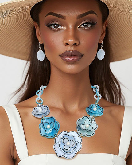 Collar 3D Blue Outlined Flower Necklace Women