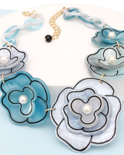 Collar 3D Blue Outlined Flower Necklace Women