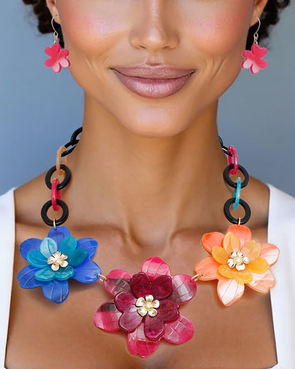 Collar Marbled Multicolor Links 3D Flower Necklace