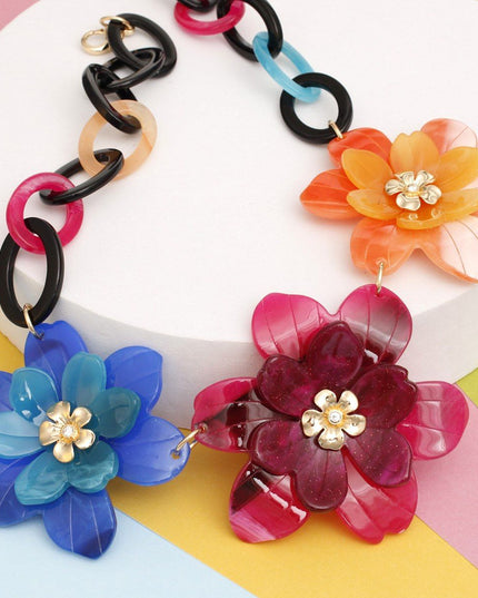 Collar Marbled Multicolor Links 3D Flower Necklace