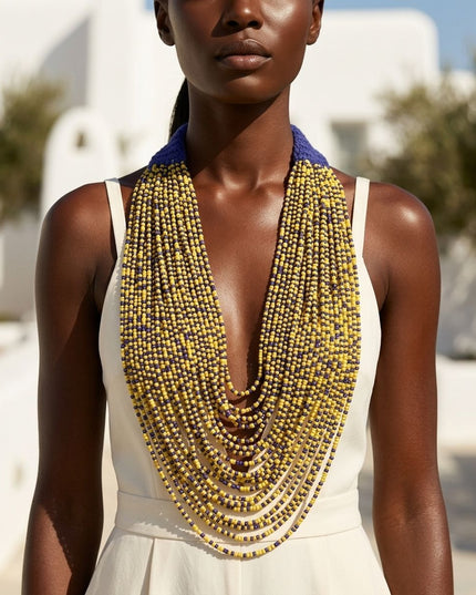 SGRHO Mixed Blue & Yellow 100 Strand Bead Necklace