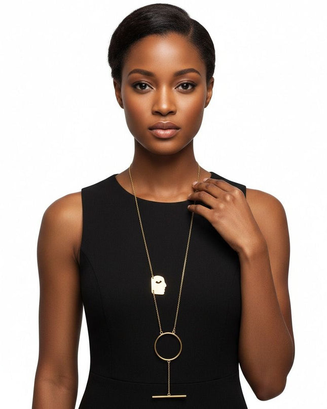 Gold Brass Face Pendant Necklace