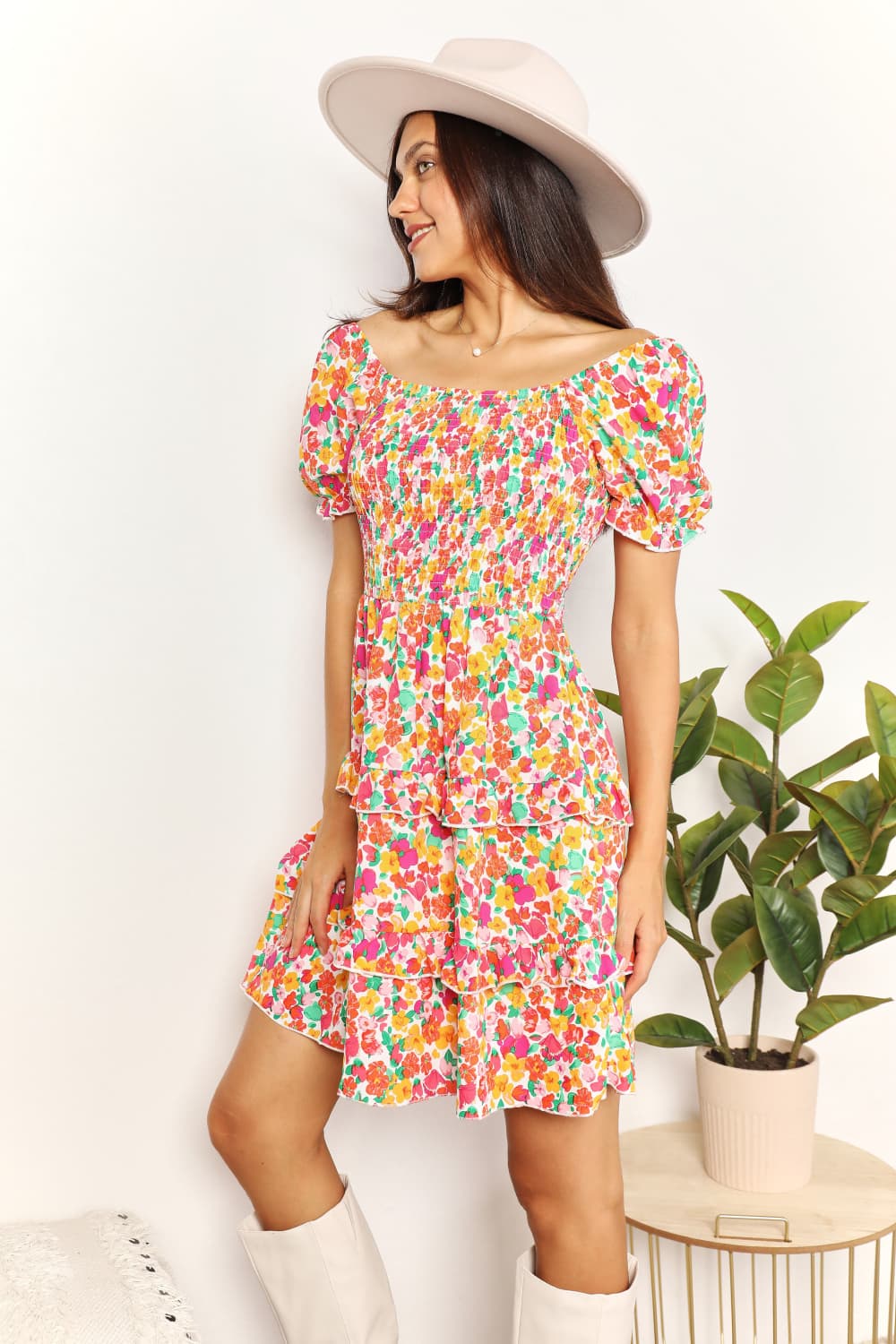 Neck Flounce Sleeve Mini Dress