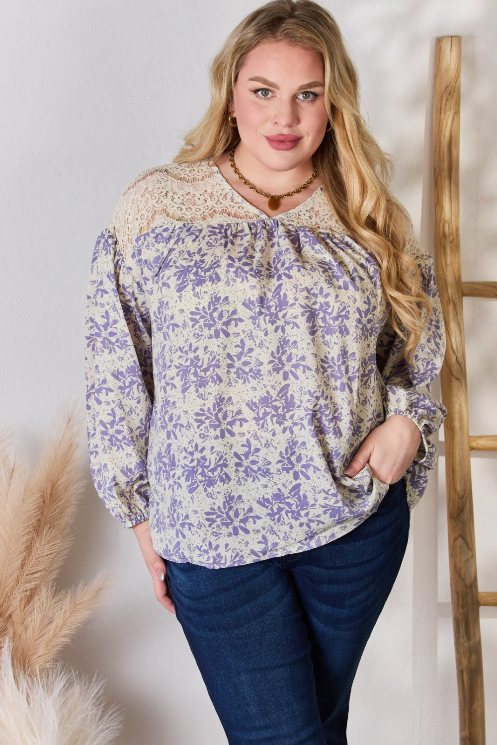 Full Size Lace Detail Printed Blouse